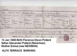 Taken on January 13th, 1858 in Fisher Street Alfa Terrace Barking Essex and sourced from 1858 1.13 Birth Cert.