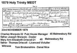 Taken on November 23rd, 1879 in Holy Trinity MEOT and sourced from Holy Trinity MEOT Marriages.