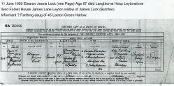 Taken on June 11th, 1959 in Langthorne Hosp Leytonstone Essex and sourced from 1959 Death Cert Eleanor J Lock.