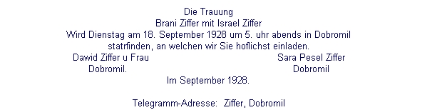 Ziffer Israel and Beatrice wedding announcement Dobromil 1928