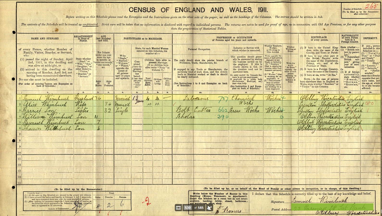 Taken in 23 Parsonage Street, Tat Bank, Oldbury, Worcestershire and sourced from RG14: Piece:17273: Schedule Number 265.