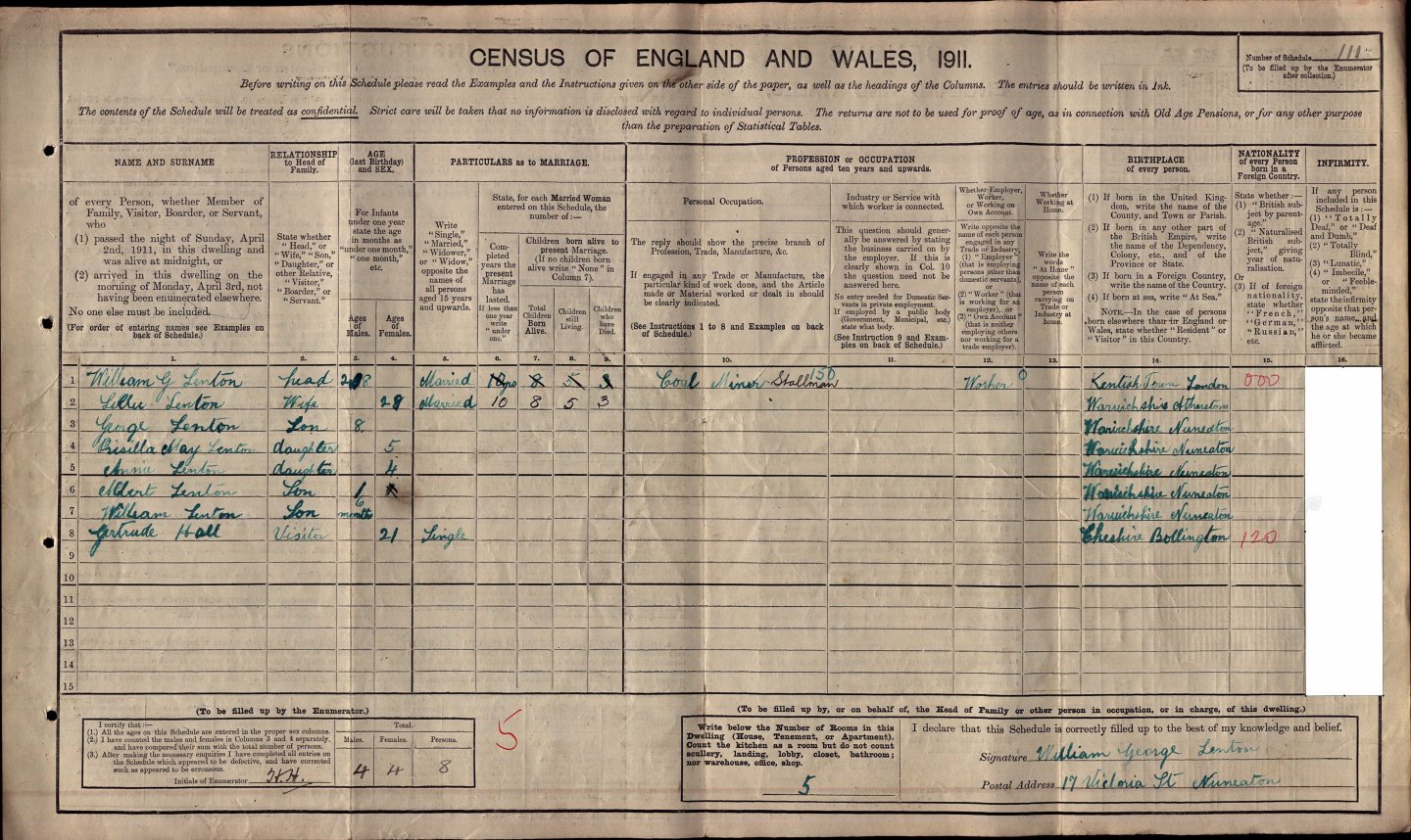 Taken in 17 Victoria Street, Nuneaton, Warwickshire and sourced from Class: RG14; Piece: 18454.