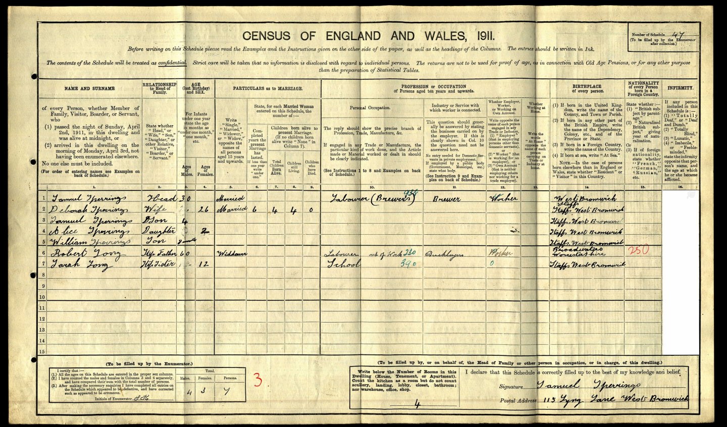 Taken in 115 Lyng Lane, West Bromwich and sourced from RG14; Piece: 17291; Schedule Number: 47.