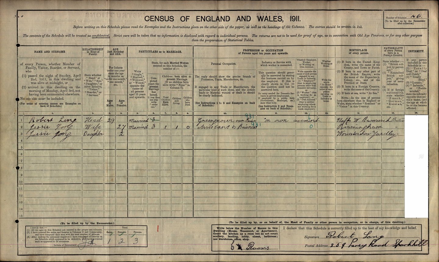 Taken in 259 Percy Road, Sparkhill and sourced from Class: RG14; Piece: 18682.