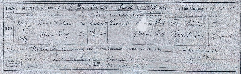 Taken in Parish Church, Oldbury, Worcester and sourced from Marriage Certificate - Samuel WIMBUSH & Alice LONG.