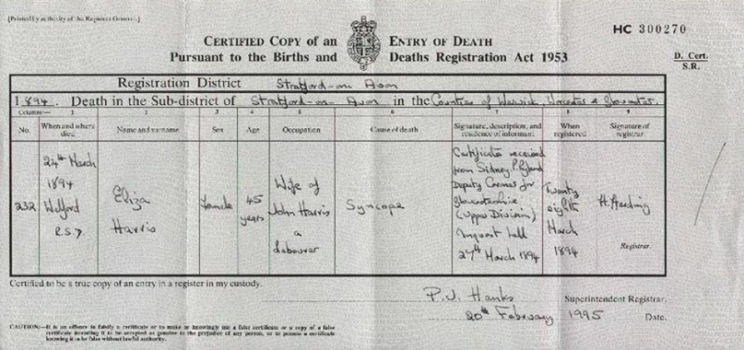  sourced from Death Certificate - Eliza HARRIS.