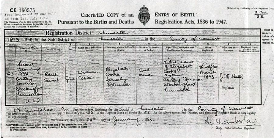  sourced from Birth Certificate - Edith Sarah COOK(E).