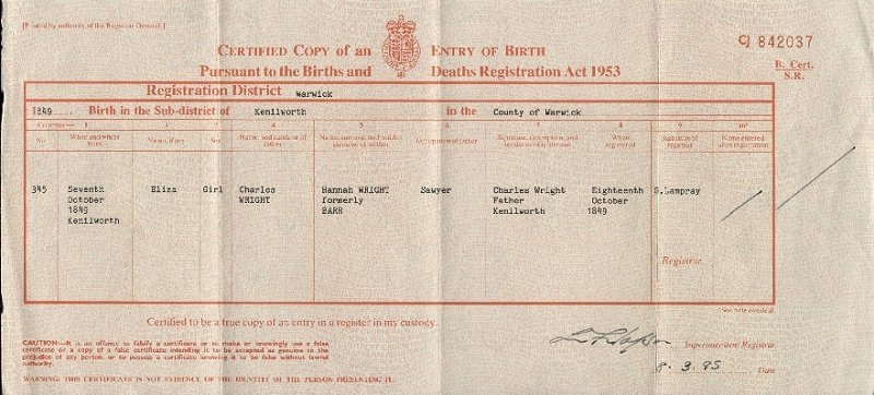  sourced from Birth Certificate - Eliza WRIGHT.