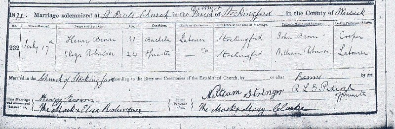 Taken in St.Pauls Church, Stockingford, Nuneaton, Warwickshire and sourced from Marriage Certificate - Eliza ROBINSON & Henry BROWN.