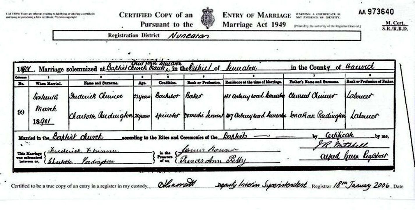 Taken in Baptist Church in Manor Court Road, Nuneaton, Warwickshire and sourced from Marriage Certificate - Frederick CHINNER & Charlotte PARDINGTON.