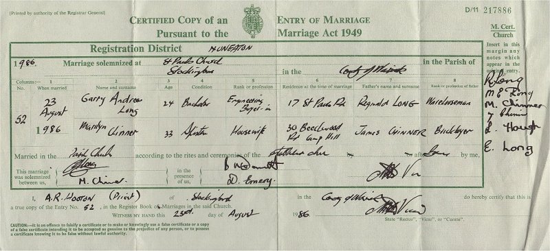 Taken in St.Pauls Church, Stockingford, Nuneaton, Warwickshire and sourced from Marriage Certificate - Garry Andrew LONG & Marilyn CHINNER.