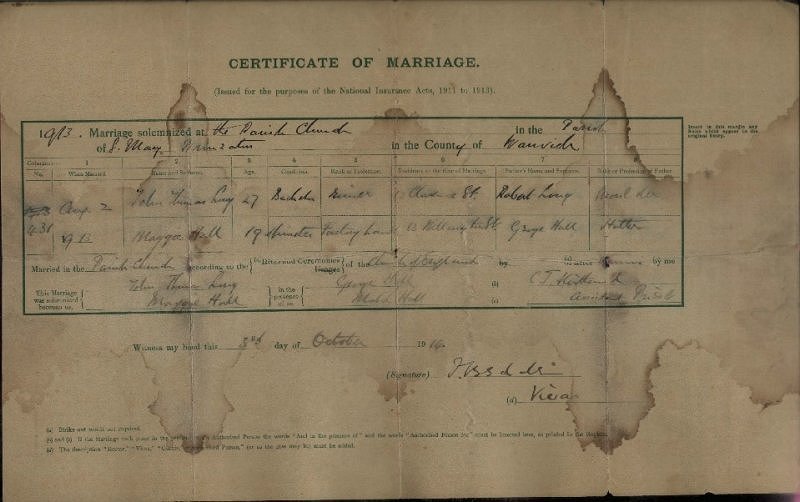 Taken in St.Mary Abbey Church, Nuneaton, Warwickshire and sourced from Marriage Certificate - John Thomas LONG & Maggie HALL.