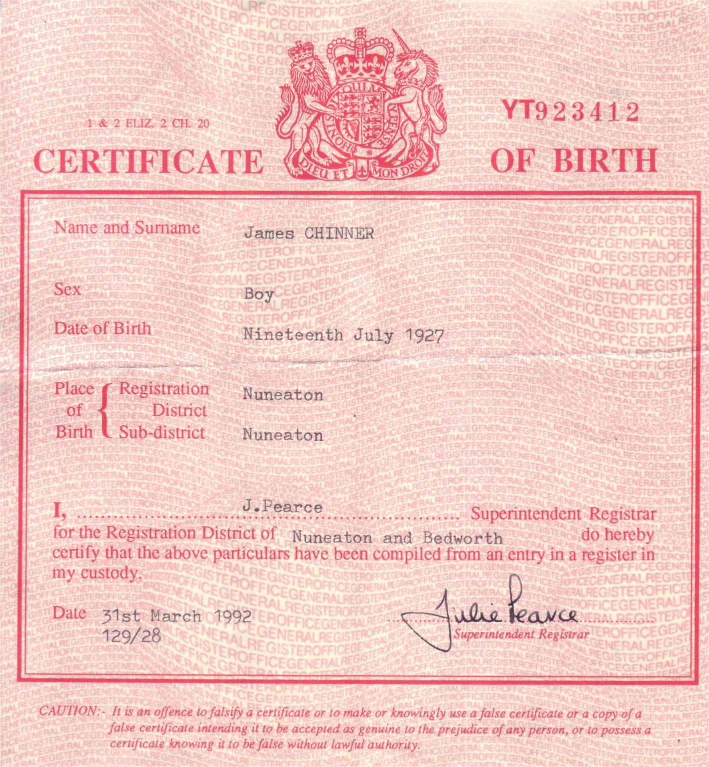  sourced from Birth Certificate - James CHINNER.