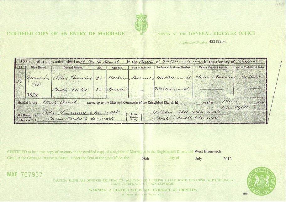 Taken in West Bromwich, Stafford and sourced from Marriage Certificate - John TIMMINS & Sarah TONKS.