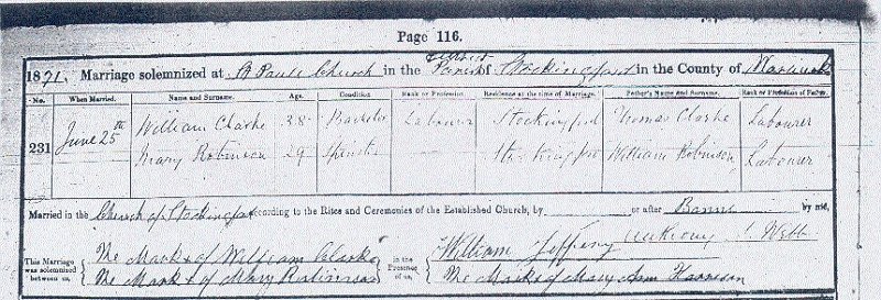 Taken in St.Pauls Church, Stockingford, Nuneaton, Warwickshire and sourced from Marriage Certificate - William CLARK(E) & Mary Ann ROBINSON.