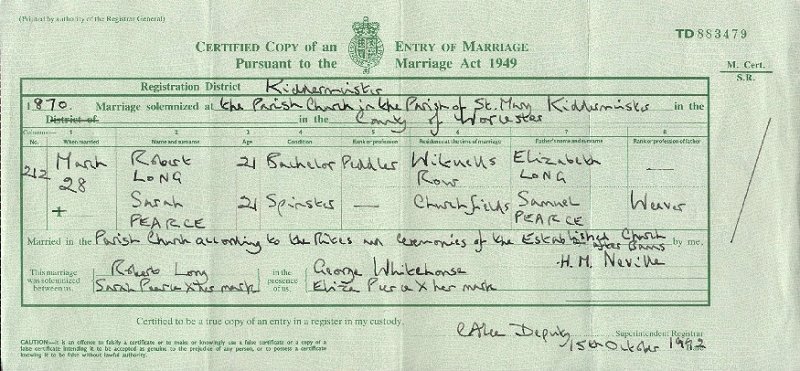 Taken in St.Mary Church, Kidderminster, Worcester and sourced from Marriage Certificate - Robert LONG & Sarah PEARCE.