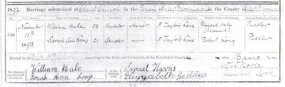 Taken in Christ Church, West Bromwich and sourced from Marriage Certificate - William HALE & Sarah Ann LONG.