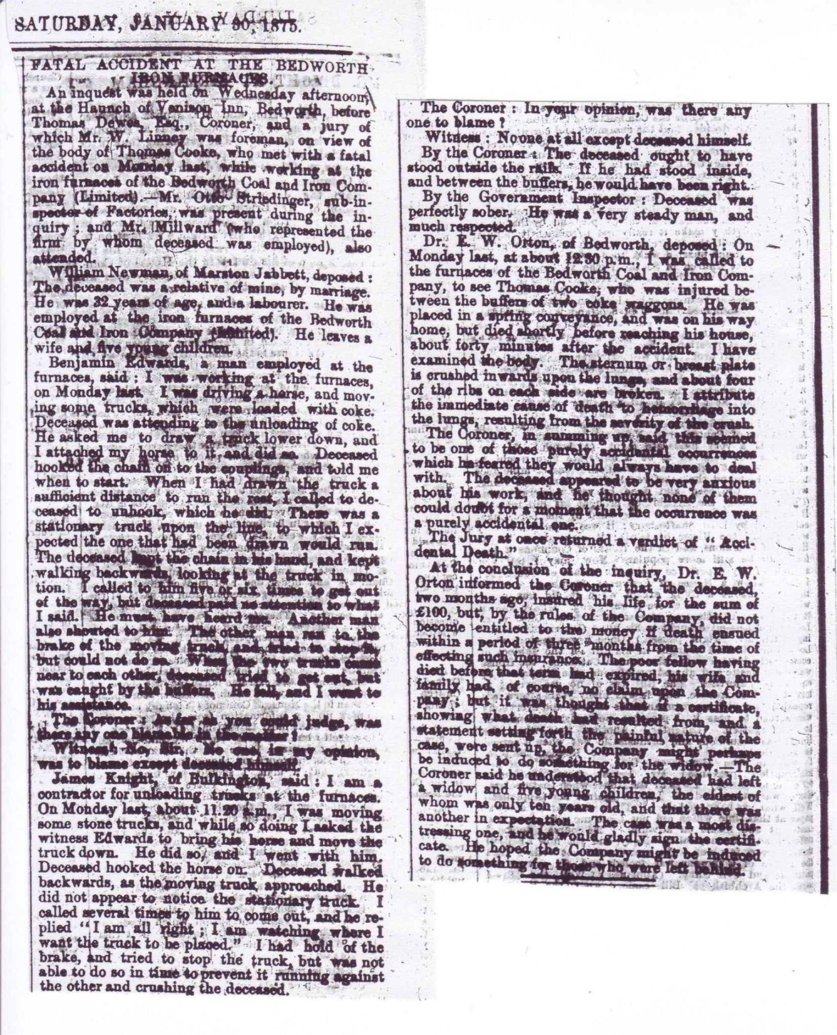  sourced from The Nuneaton Cronicle - Saturday January 30th 1875.