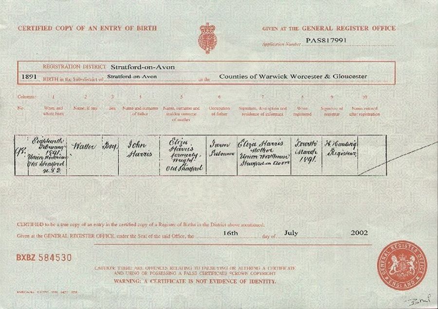  sourced from Birth Certificate - Walter HARRIS Snr.