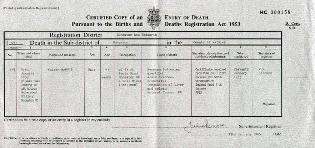  sourced from Death Certificate - Walter HARRIS.