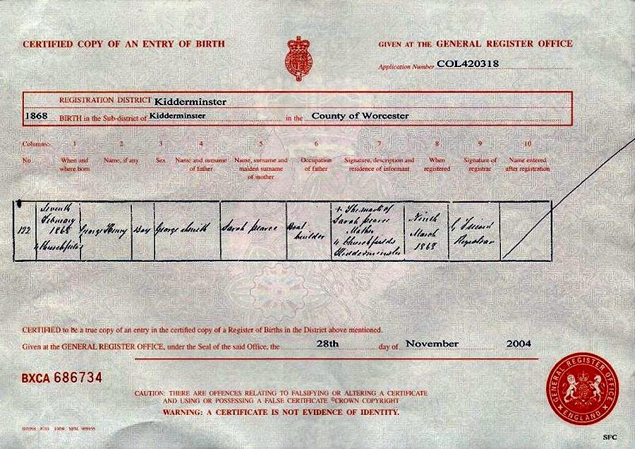  sourced from Birth Certificate - George Henry PEARCE.