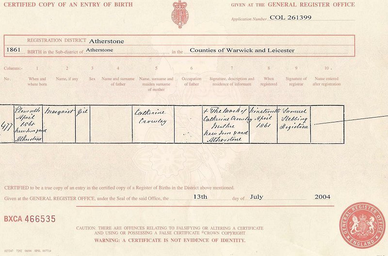  sourced from Birth Certificate - Margaret Crowley SHILTON.