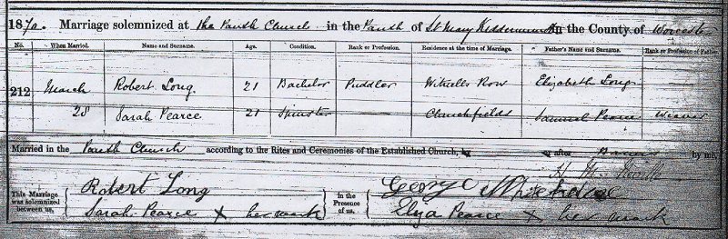 Taken in St.Mary Church, Kidderminster, Worcester and sourced from Marriage Certificate - Robert LONG & Sarah PEARCE.