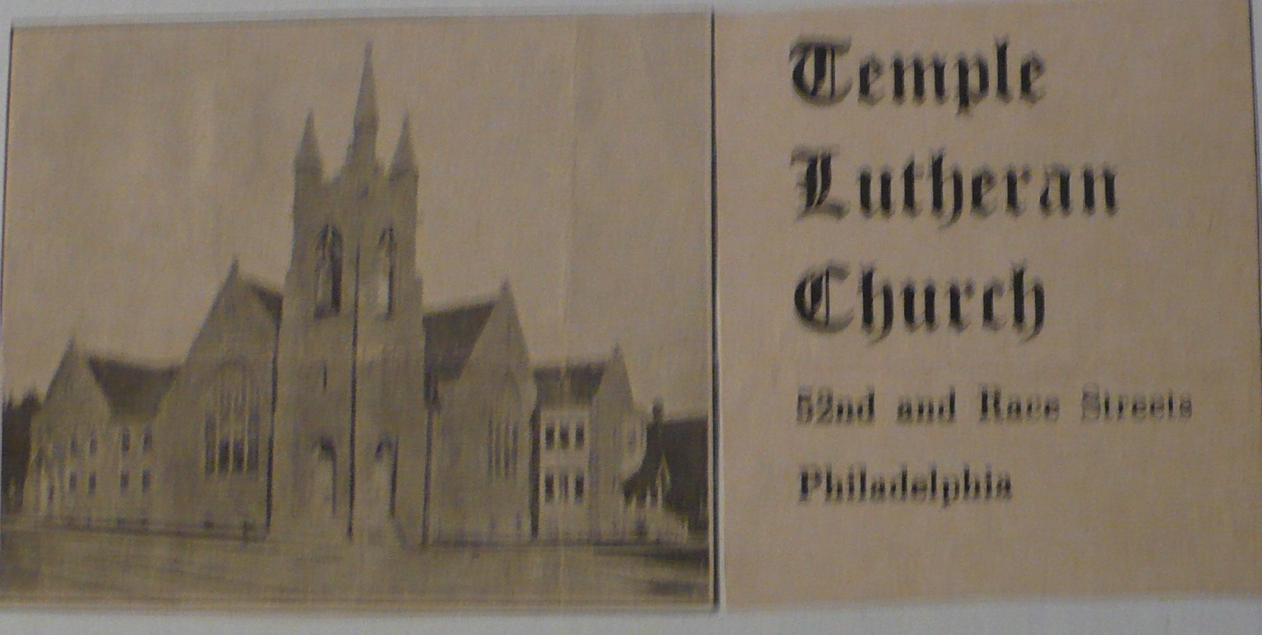 Taken at Temple Lutheran Church, 52nd street & Race streets, Philadelphia, Philadelphia County, Pennsylvania, USA and sourced from Harry Adami.