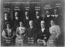 Taken on April 12th, 1909 in Gainsborough Lodge, Leytonstone and sourced from Golden wedding of Thomas George LOCKS and Suzzanah Elizabeth DAWSON 12/4/1909.