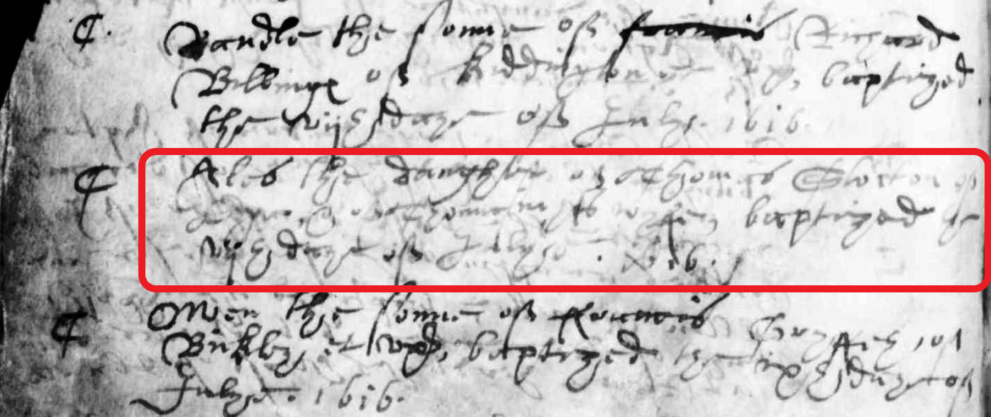 Taken in 1616 and sourced from Certificate - Baptism.