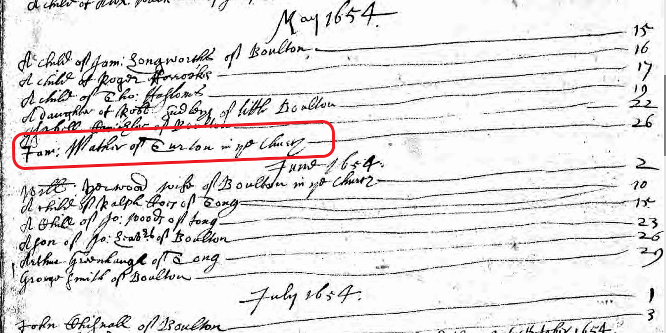 Taken on May 26th, 1654 and sourced from Burial Record.