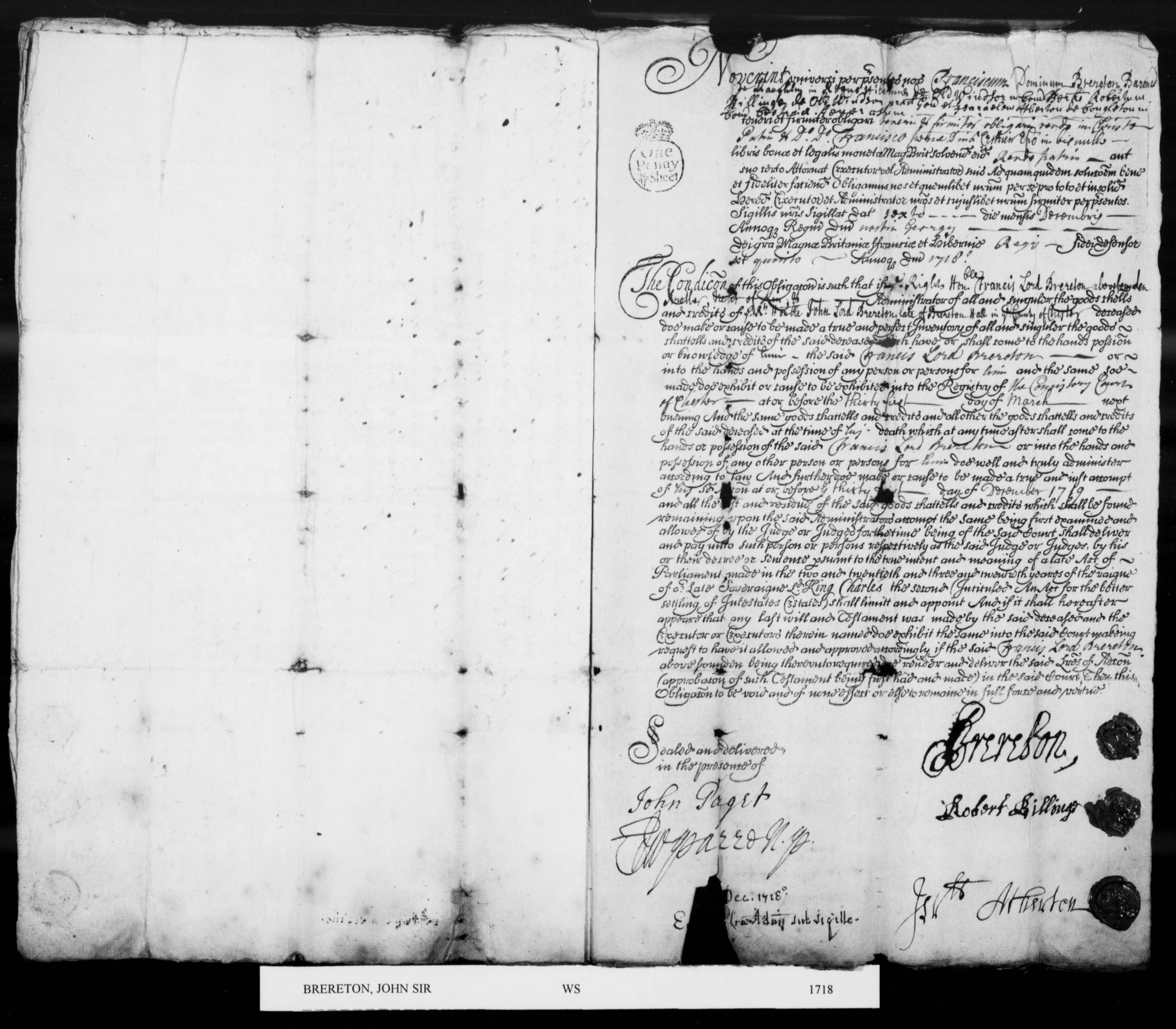 Taken in 1718 and sourced from Wills - Cheshire.