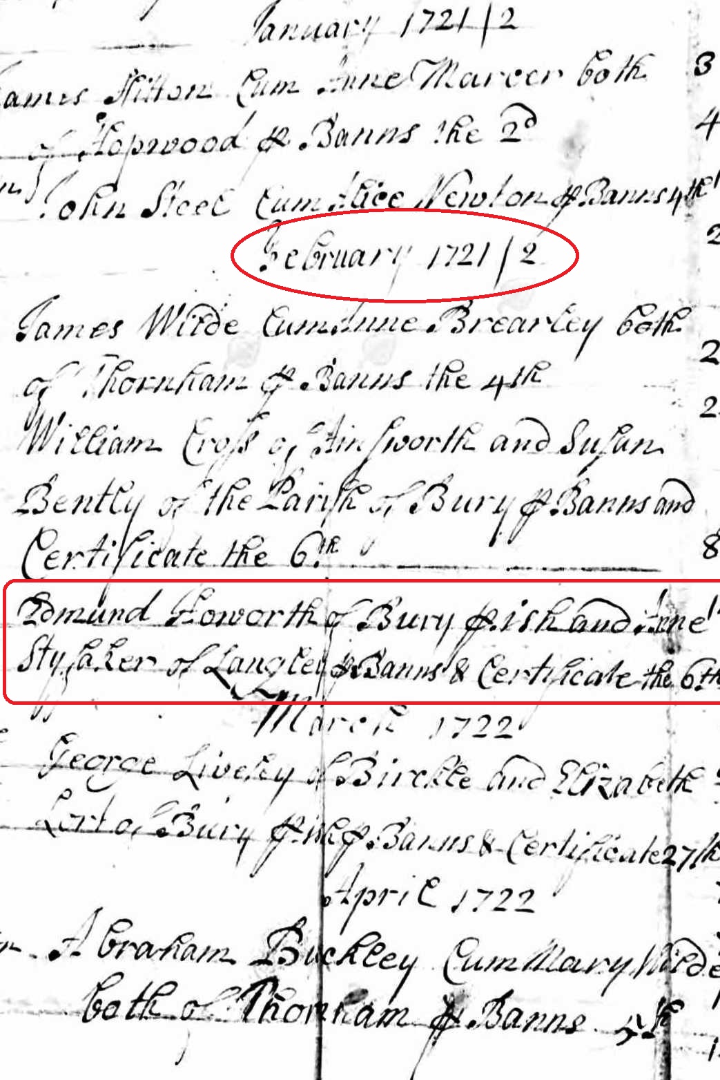 Taken on February 6th, 1721 and sourced from Certificate - Marriage.