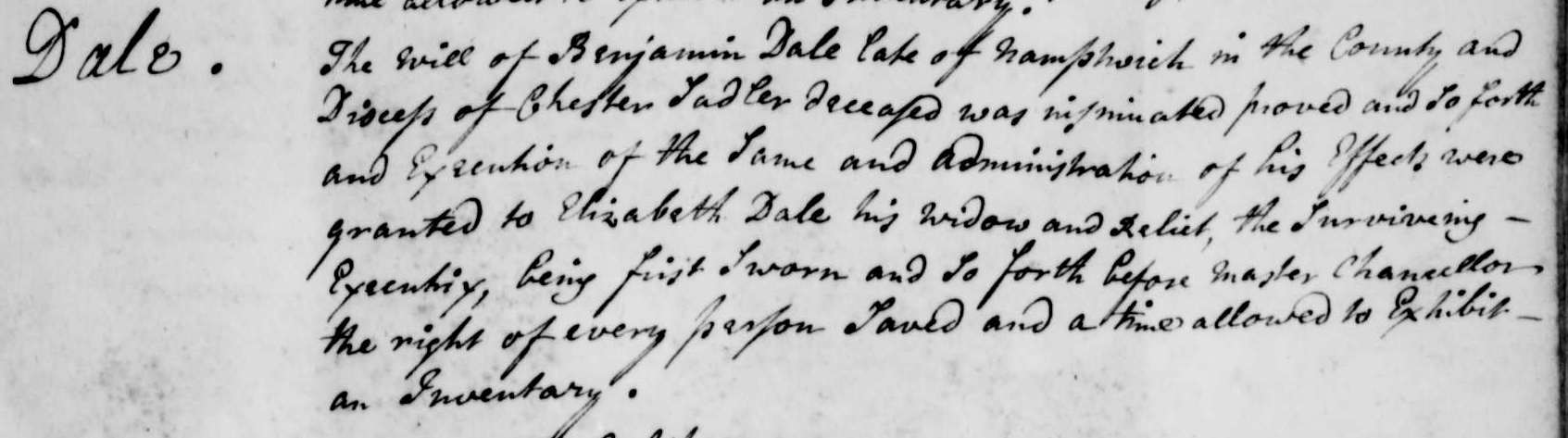 Taken on August 7th, 1733 in Nantwich and sourced from Wills - Cheshire.