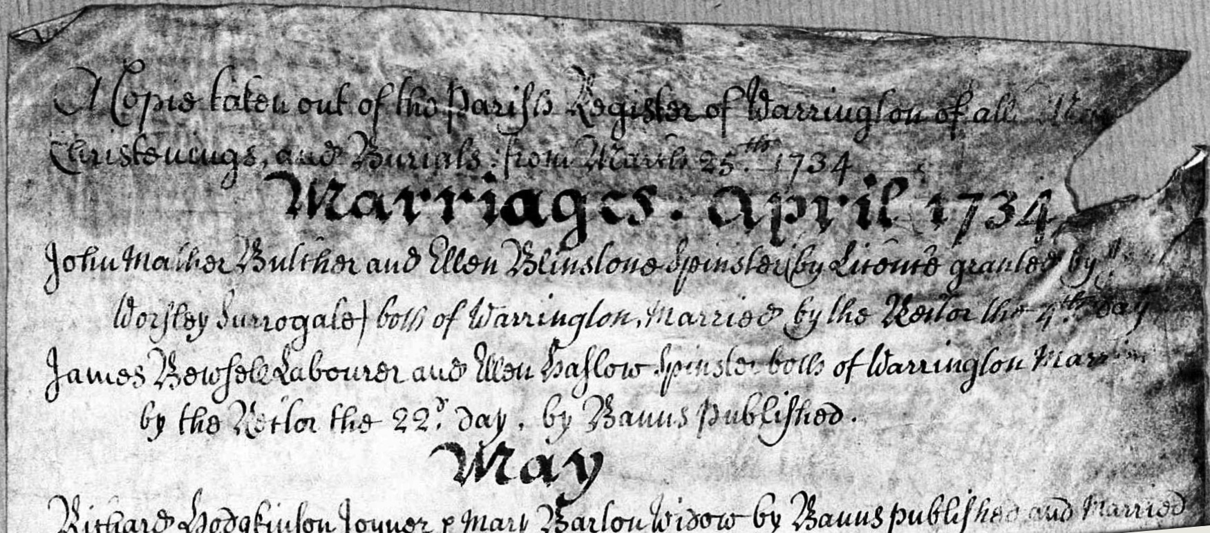 Taken on April 4th, 1734 and sourced from Certificate - Marriage.