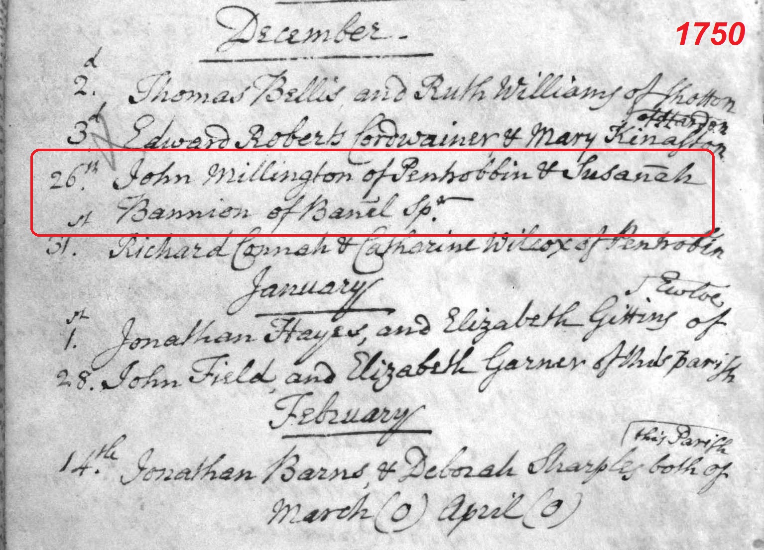 Taken on December 26th, 1750 and sourced from Certificate - Marriage.