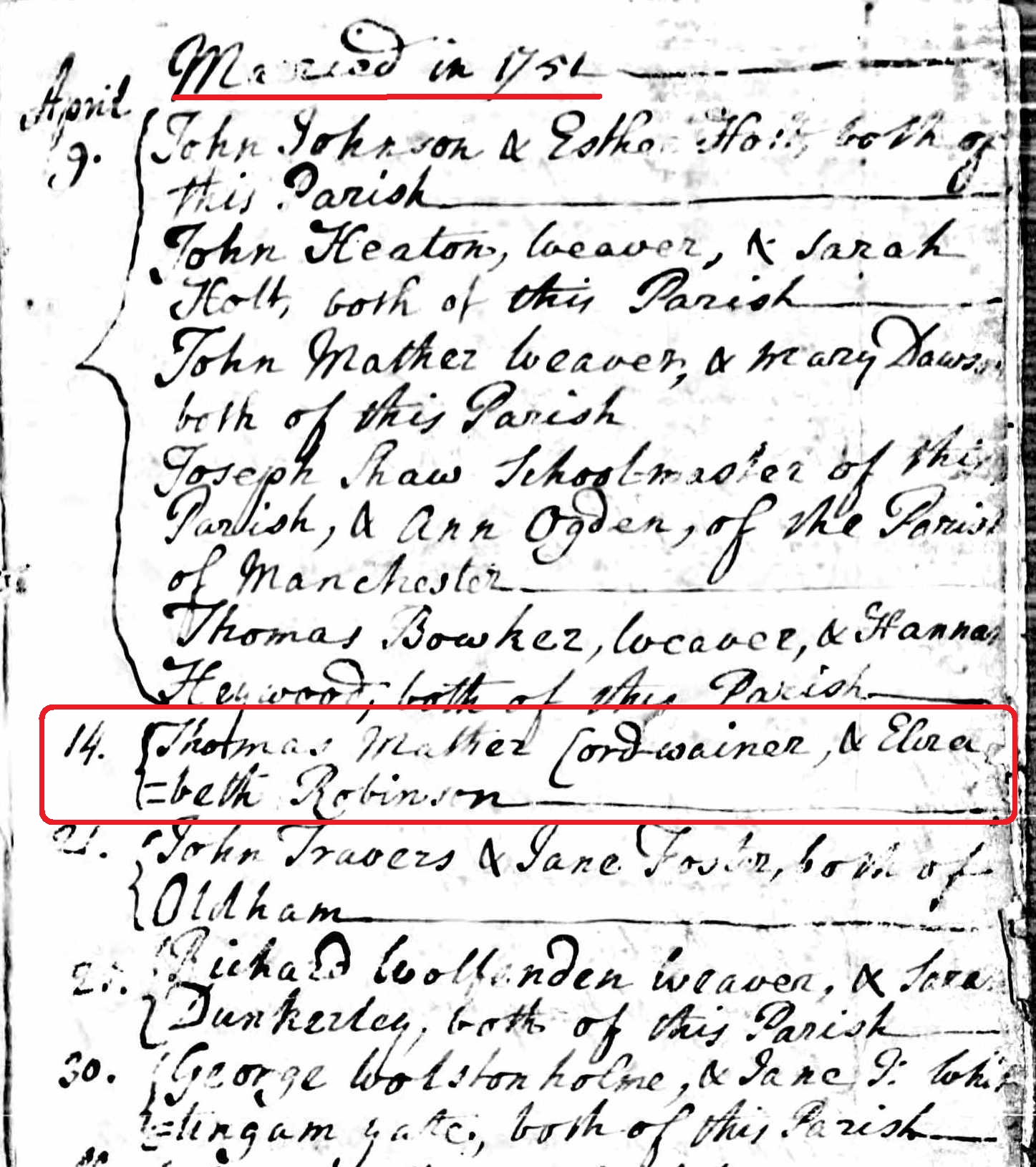 Taken on April 14th, 1751 and sourced from Certificate - Marriage.