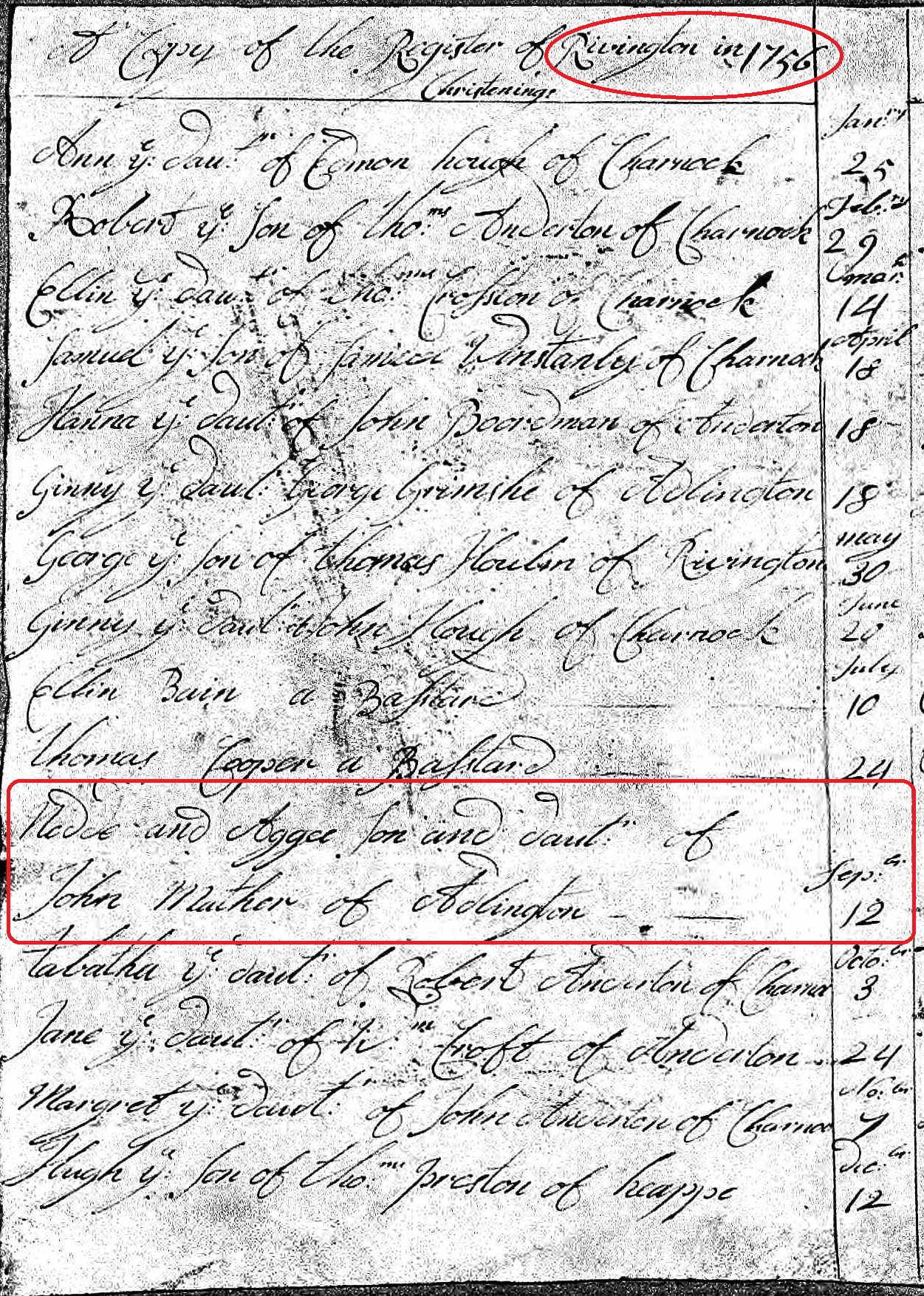 Taken on September 12th, 1756 and sourced from Certificate - Baptism.