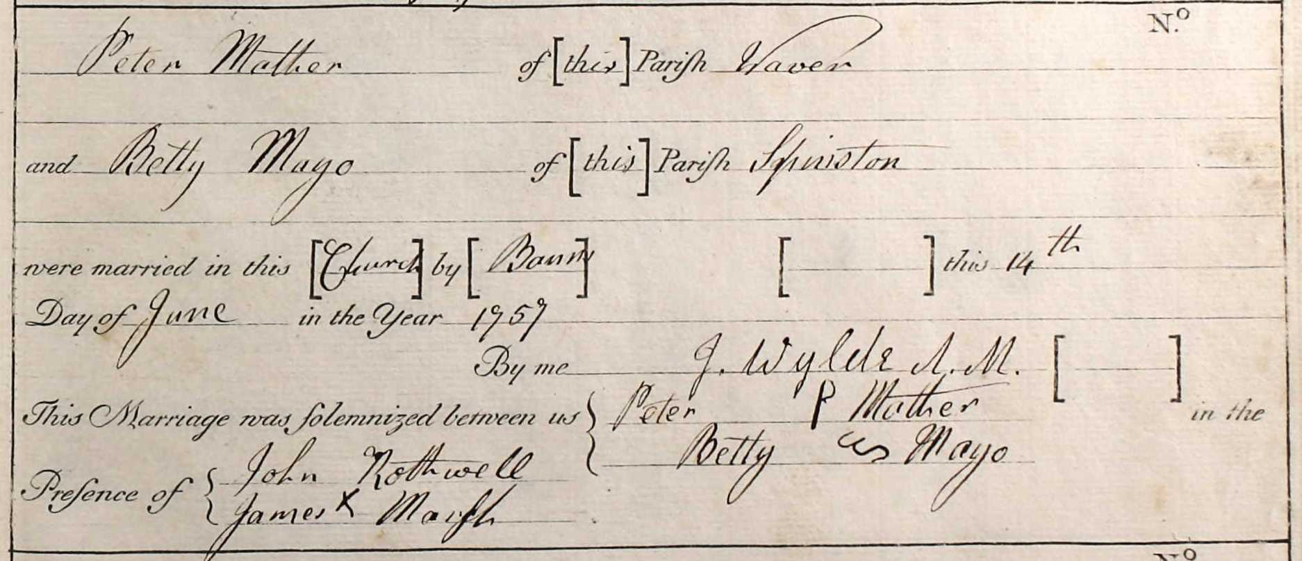 Taken on June 14th, 1757 and sourced from Certificate - Marriage.