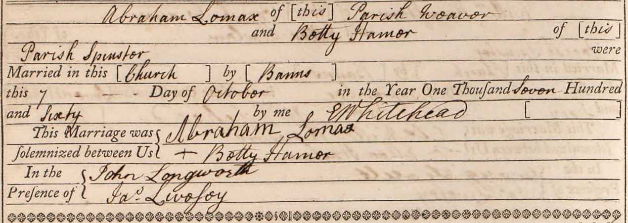 Taken on October 7th, 1760 and sourced from Certificate - Marriage.