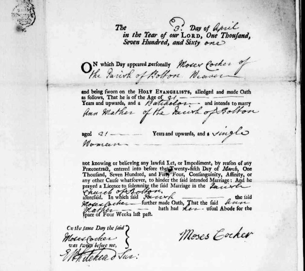 Taken on April 3rd, 1761 and sourced from Certificate - Banns / License.