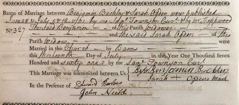 Taken on July 13th, 1761 in Oldham and sourced from Certificate - Marriage.