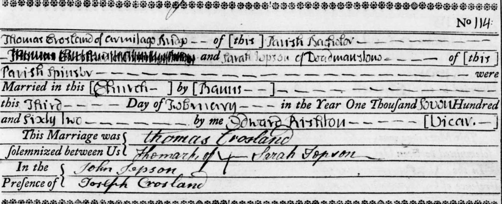 Taken on February 3rd, 1762 in Almondbury and sourced from Certificate - Marriage.