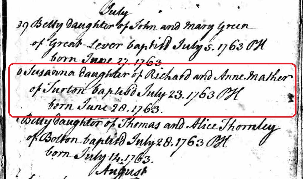 Taken in 1763 and sourced from Certificate - Baptism.