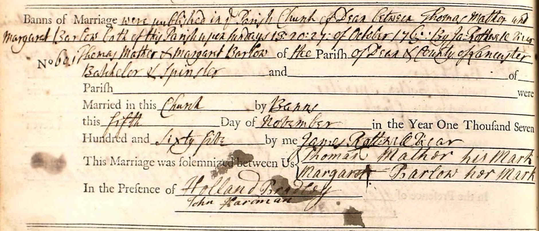 Taken on November 5th, 1765 and sourced from Certificate - Marriage.