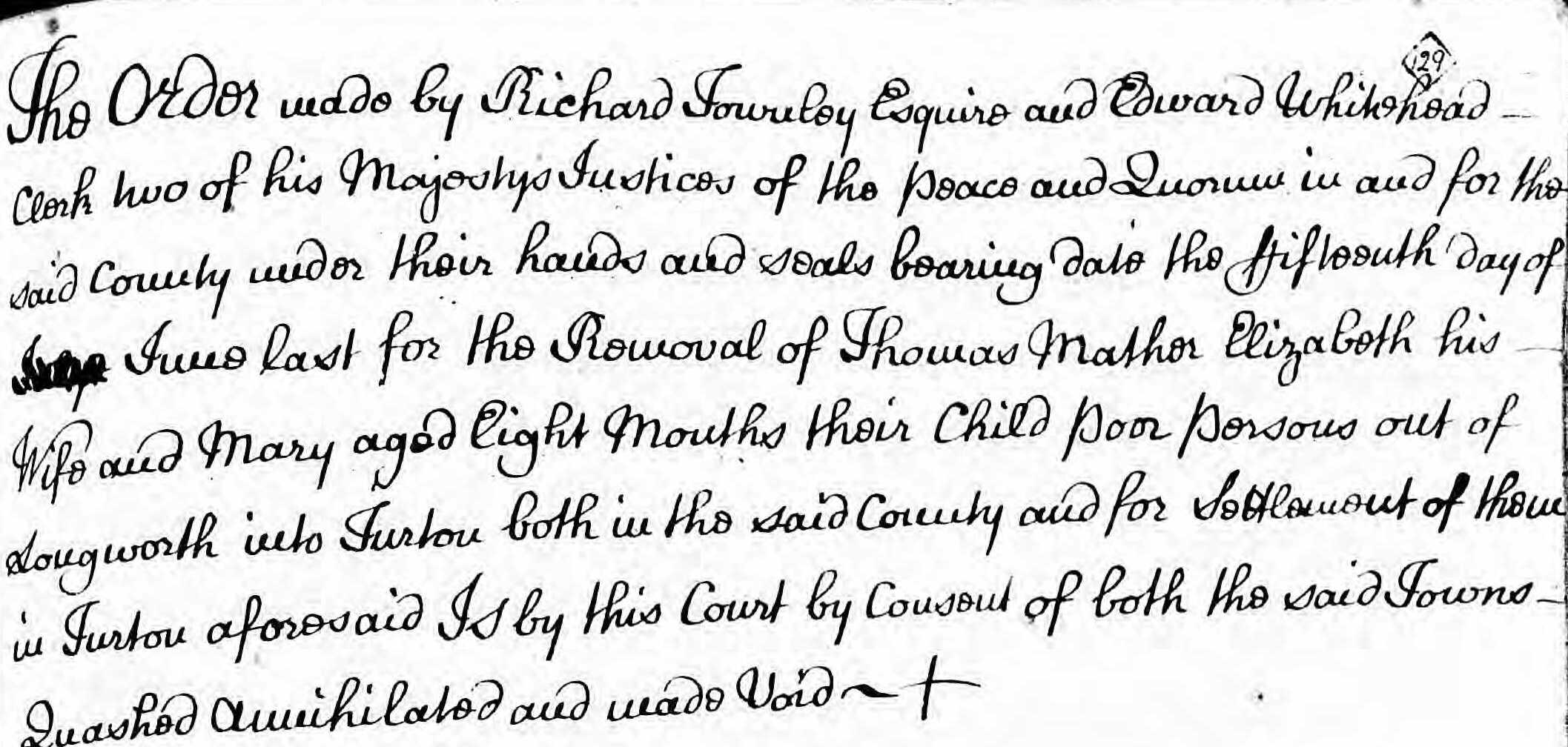 Taken on June 15th, 1765 in Manchester and sourced from Lancashire Quarter Session Records.