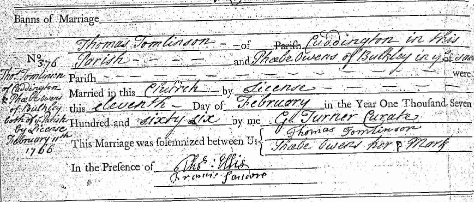 Taken on February 11th, 1766 in Malpas and sourced from Certificate - Marriage.