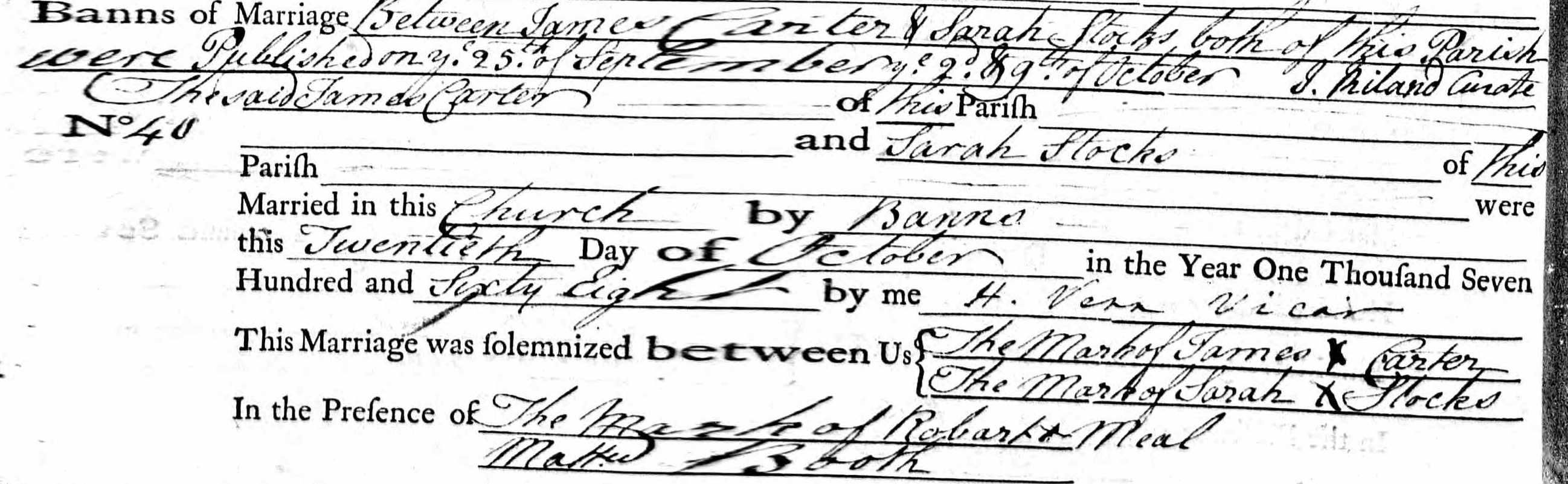 Taken on October 20th, 1768 and sourced from Certificate - Banns / License.