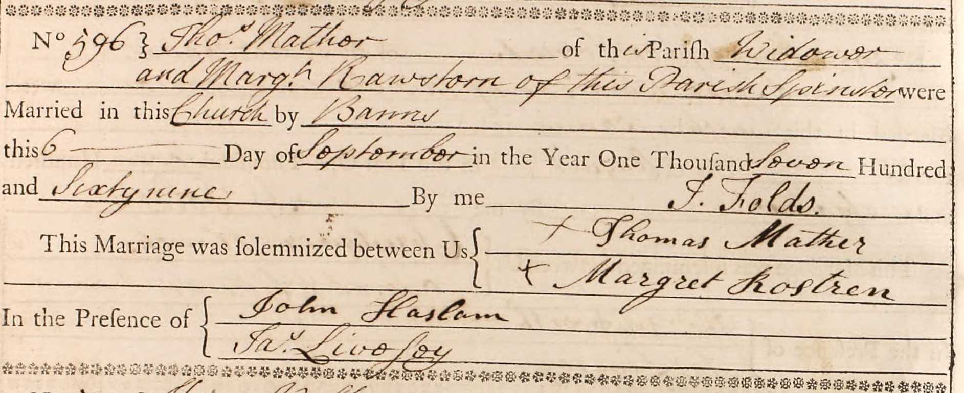 Taken in 1769 and sourced from Certificate - Marriage.