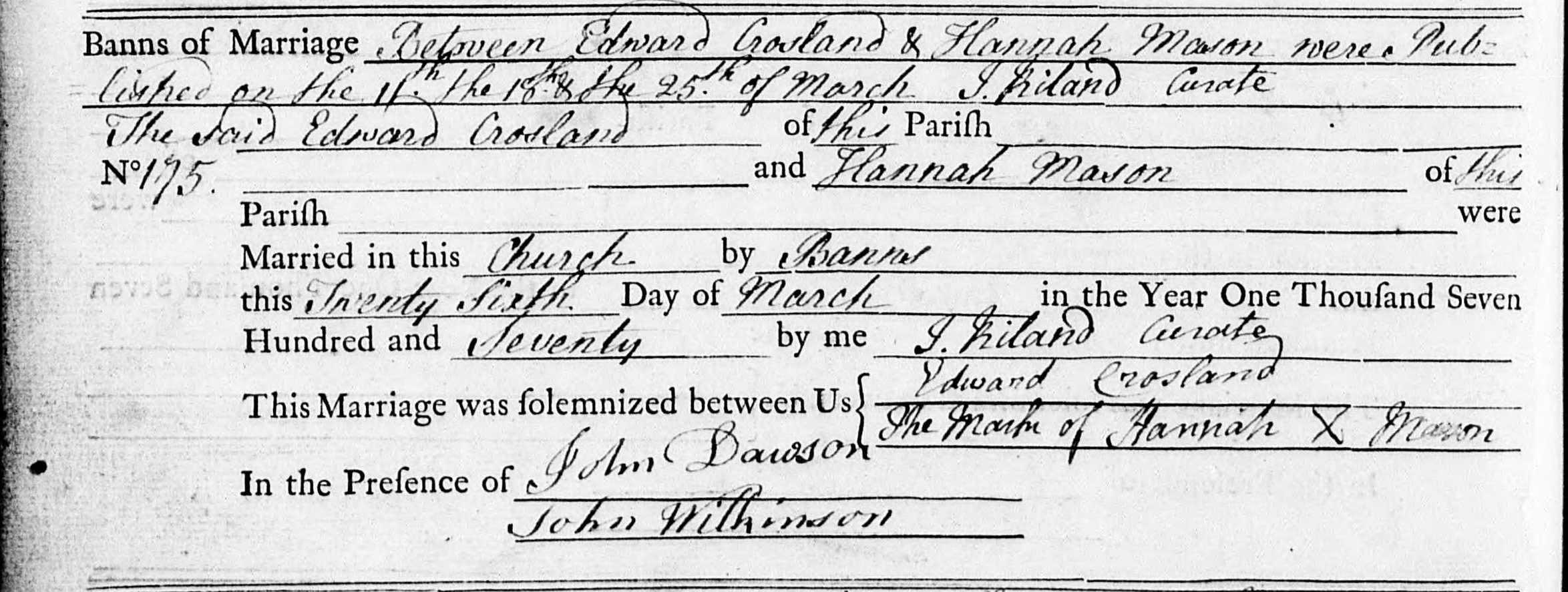 Taken on March 20th, 1770 and sourced from Certificate - Marriage.